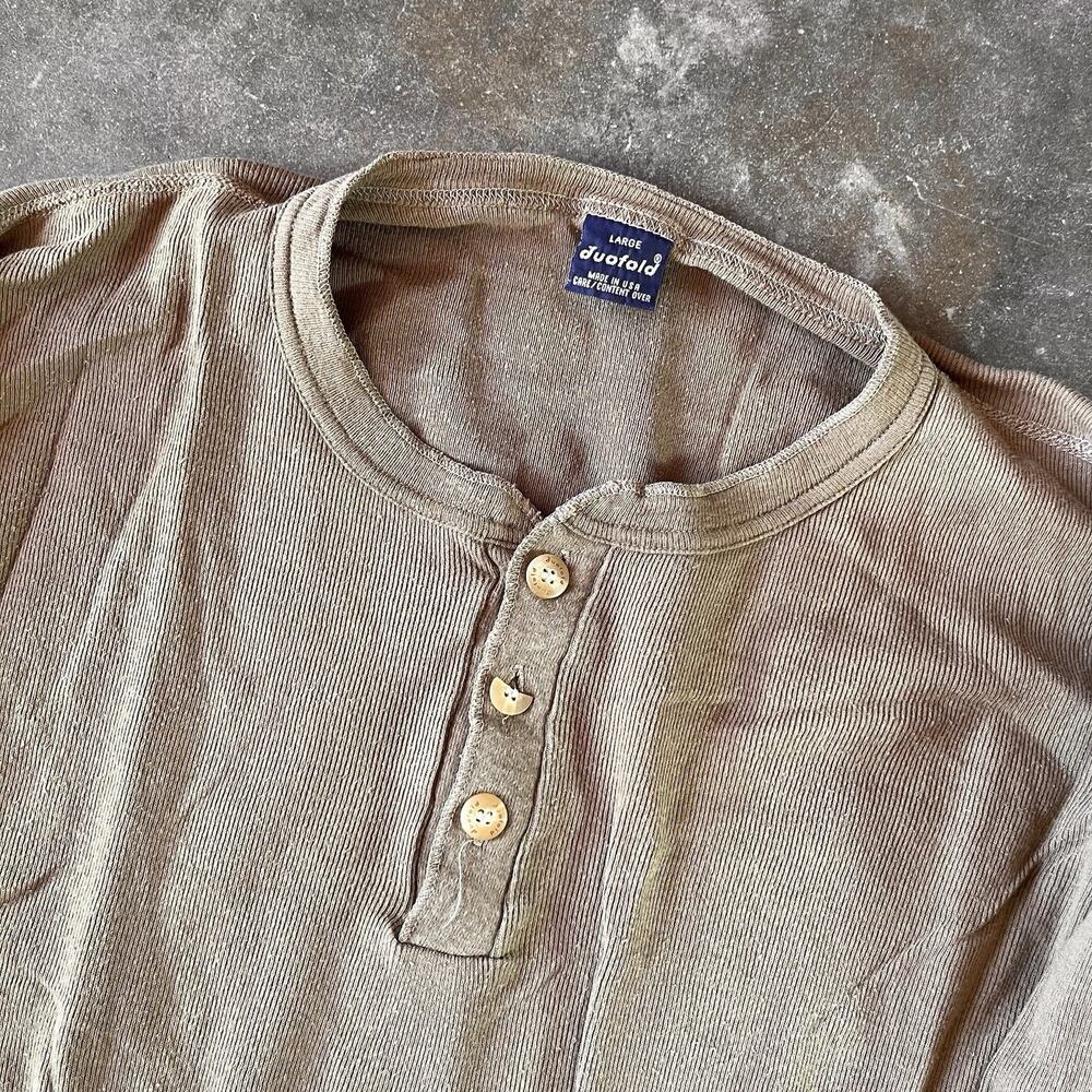 2000S Duofold Tan Soft Made In Usa Cotton Comfy Henley, Long Sleeve